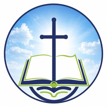 Church emblem: a cross rising over an open Bible against the sky